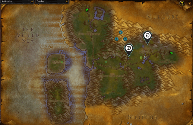 Map of Feralas, showing best Mageweave farming spots.