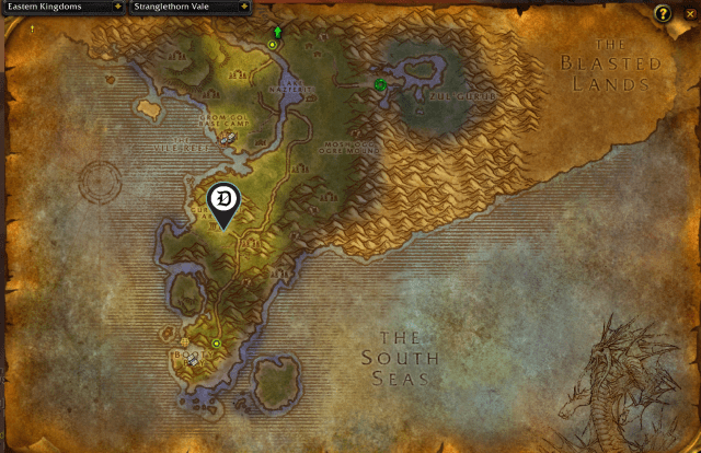 Map of Stranglethorn Vale, showing the exact location of Gurubashi Arena.