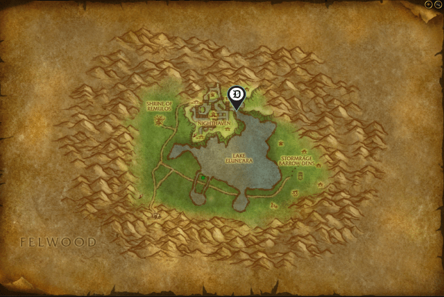 Map of Moonglade showing the exact location of Valadar Starsong