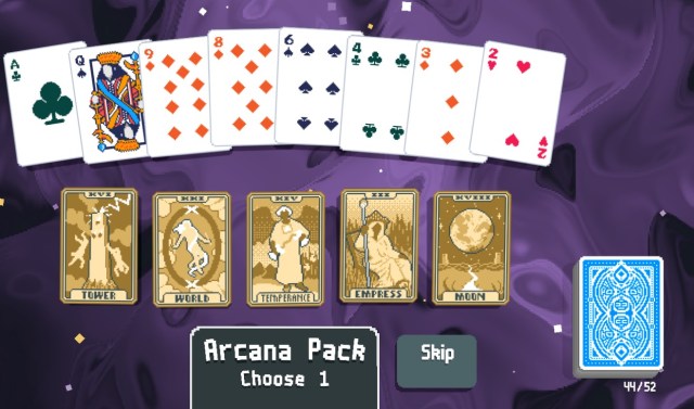 A player holds a hand of playing cards with five Tarot Cards hovering in Balatro.