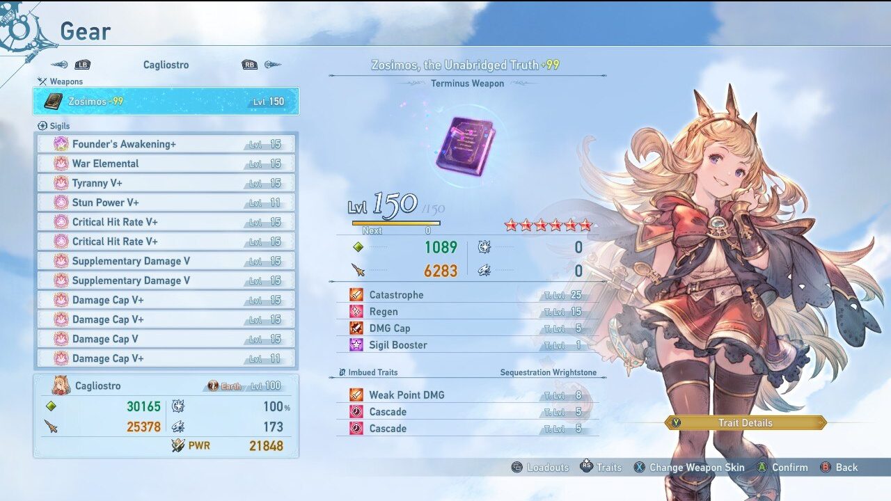 A screenshot of Cagliostro's build in Granblue Fantasy Relink