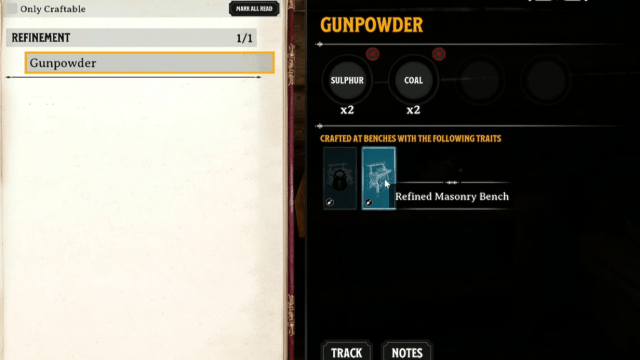 The crafting recipe for Gunpowder.