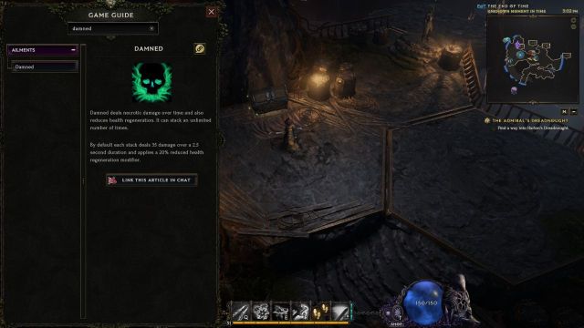The game guide window in Last Epoch showing the description of the Damned ailment.