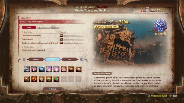 A screenshot of the Death, Taxes, and Goblins Maniac quest in Granblue Fantasy: Relink.