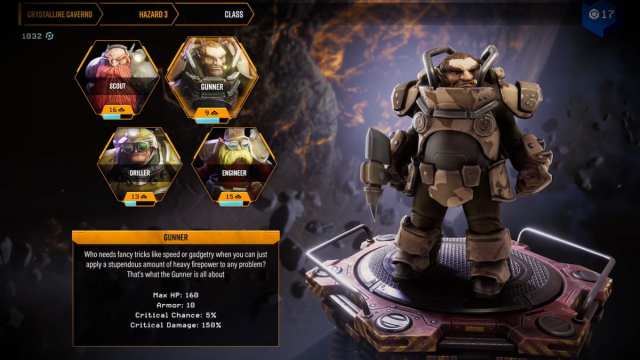 Deep Rock Galactic: Survivor class menu with the Gunner selected.