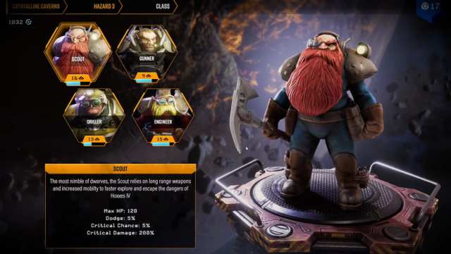 Deep Rock Galactic: Survivor class menu with the Scout selected.