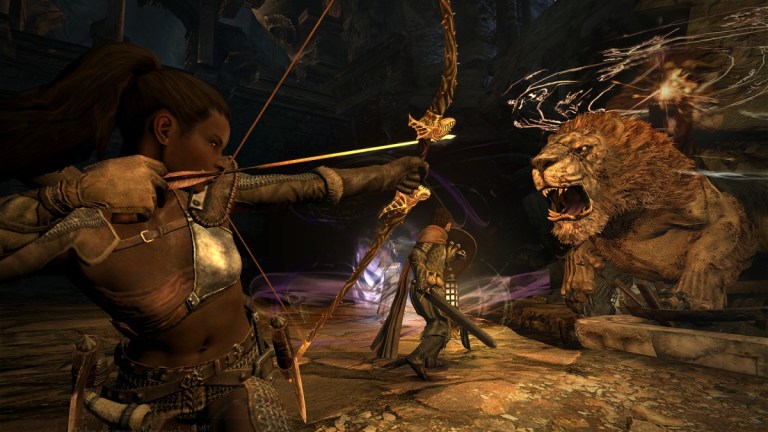 A character in Dragon's Dogma 2 shooting a bow at a lion.