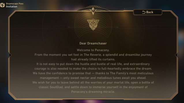 The welcome note for the Dreamscape pass.