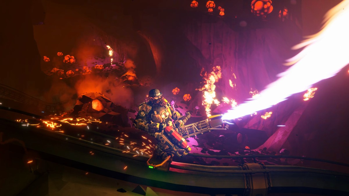 Driller using the flamethrower in Deep Rock Galactic.