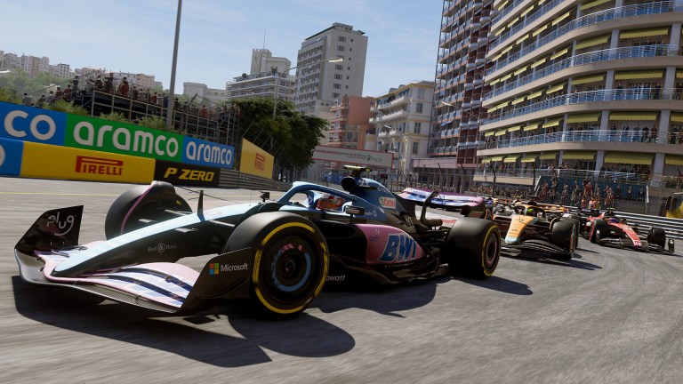 Pierre Gasly driving a pink and blue Alpine around Monaco's first corner, with a McLaren following behind.