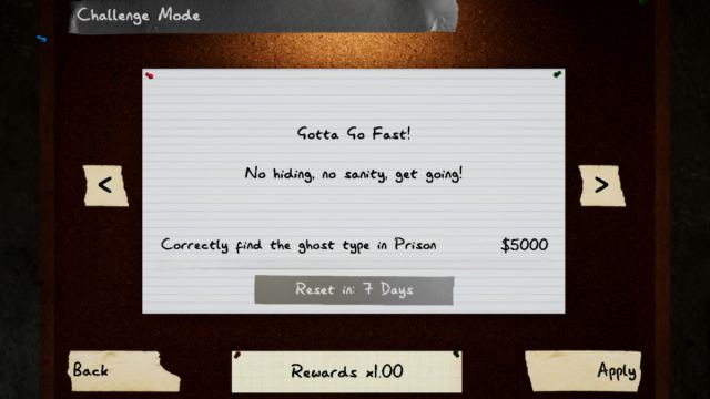 The Gotta Go Fast! challenge description in Phasmophobia which reads, "No hiding, no sanity, get going!"