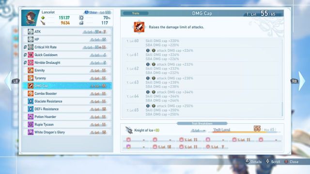 A screenshot of the Damage Cap trait levels in Granblue Fantasy relink.