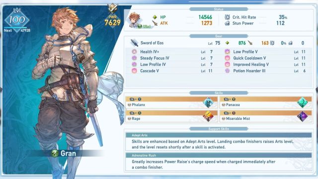 A screenshot of Gran's character sheet in Granblue Fantasy: Relink