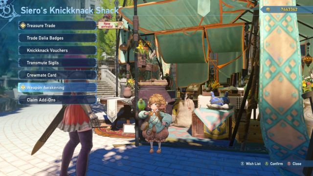 Siero offering Weapon Awakening at their tent in Granblue Fantasy Relink.