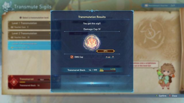 A screenshot of Siero's Transmute Sigil with Damage Cap Sigil as a result.