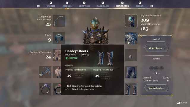 Enshrouded character equipment screen with boots that have Stamina Timeout Reduction