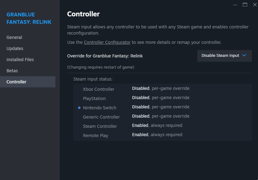 A screenshot of Steam's settings showing the Controller options for Granblue Fantasy Relink,