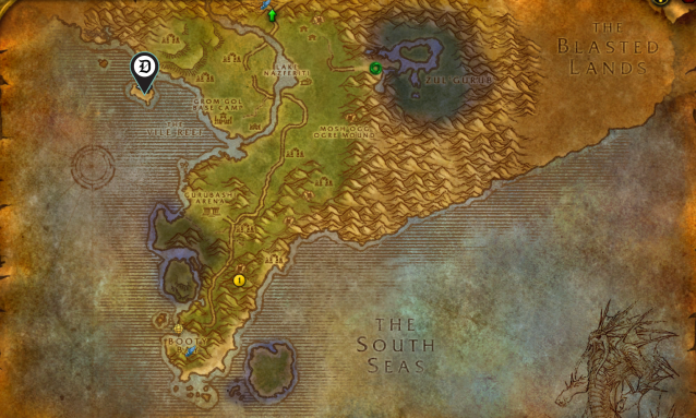 WoW map of Stranglethorn Vale with the Savage Coast marked by a map pin