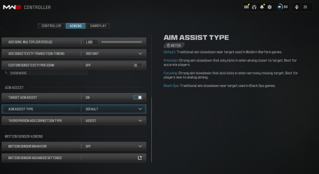 A screenshot of the aim assist type menu in Call of Duty Modern Warfare 3.