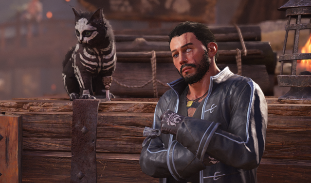 A male character standing close to a disguised cat.