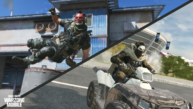 A promotional screenshot for Warzone Mobile showing two characters