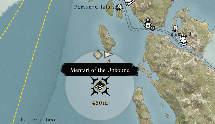 Map of Skull and Bones' East Indies with a water area highlighted.