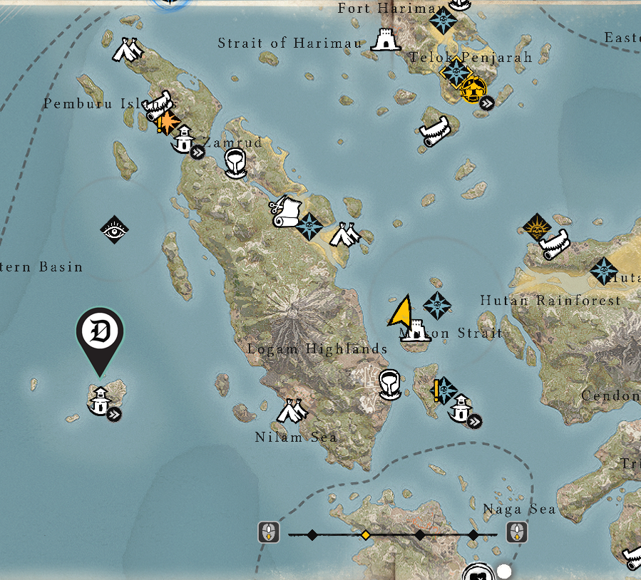 Map of the Red Isle with a Dot cursor on an Outpost.