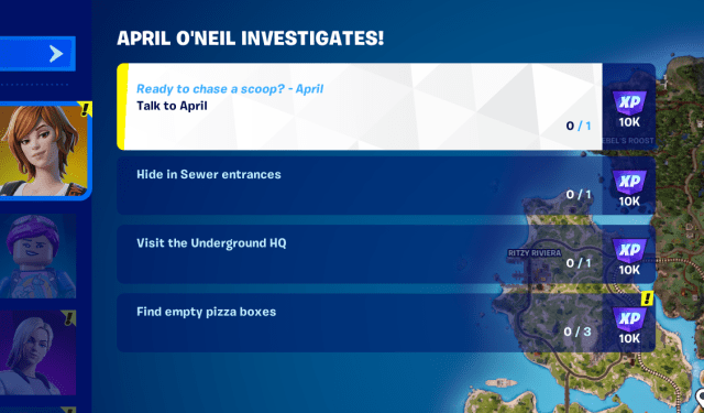 A screenshot of April O'Neil challenges in Fortnite.