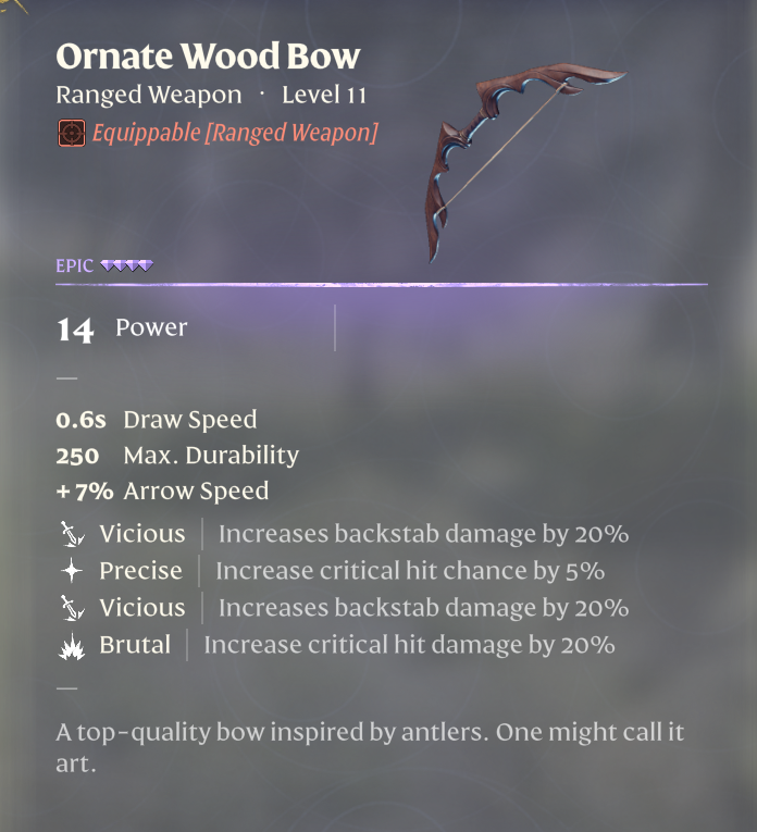 Ornate wood bow description.