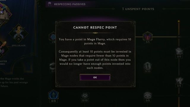 A screenshot of Last Epoch showing limitations of respec of early nodes in the passive tree.
