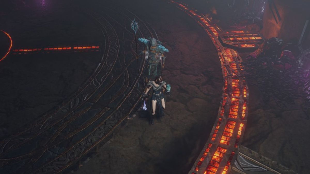 A screenshot of a Necromancer in Last Epoch standing with a Skeletal Mage behind her.