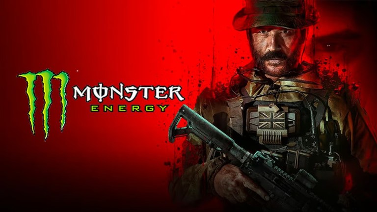 A character from MW3 stands ready to fight with the Monster Energy logo beside them.