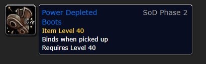 Item description of Power Depleted Boots in WoW