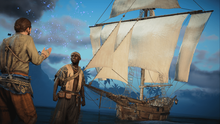 A player applauding the shipwright after building the Cutter behind him in Skull and Bones.