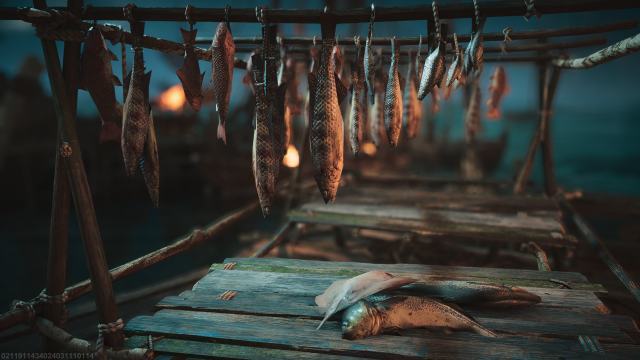 Caught fish on a rack in Skull and Bones.