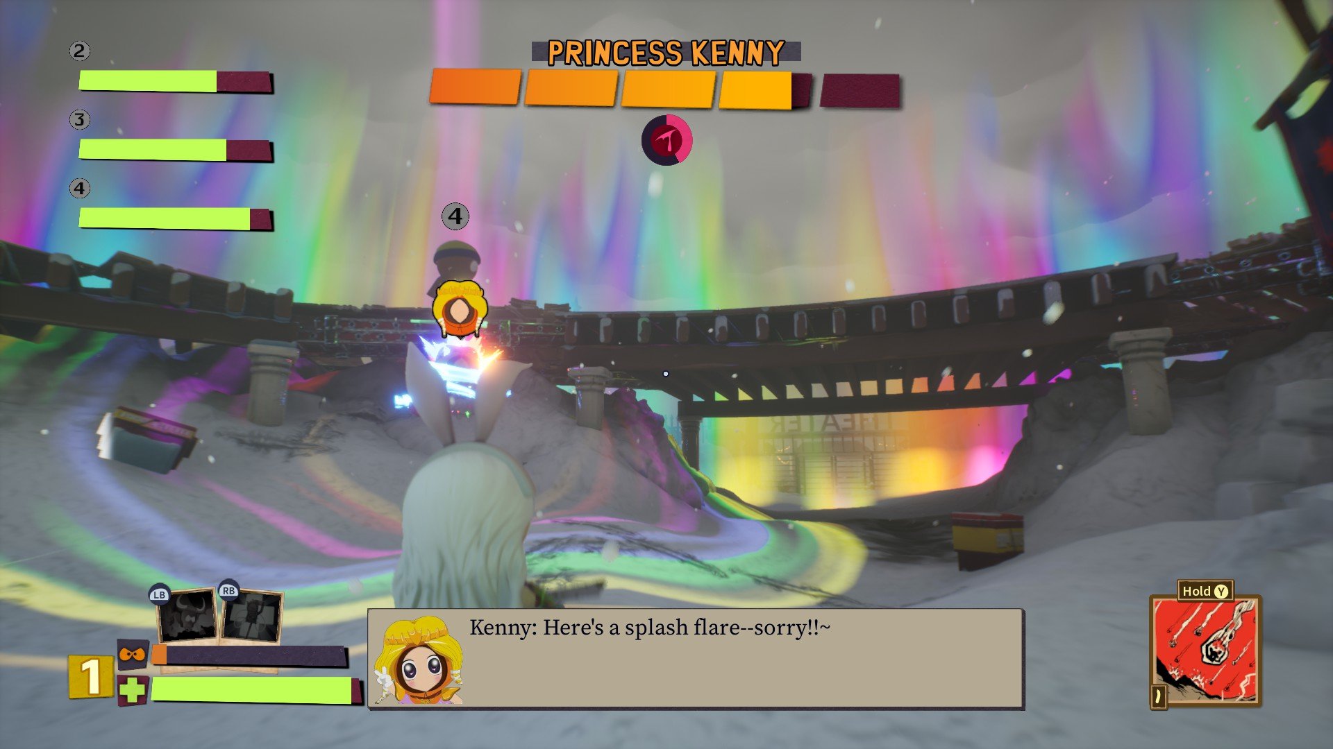 An in game image of the Princess Kenny boss fight from South Park: Snow Day