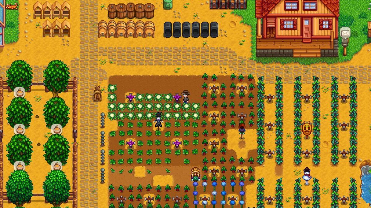 A farm in Stardew Valley