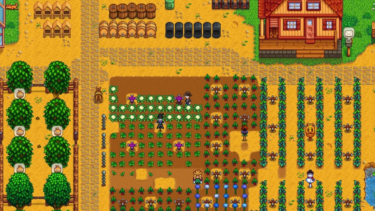 A farm in Stardew Valley