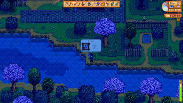 Stardew Valley character is holding a Bream in Pelican Town