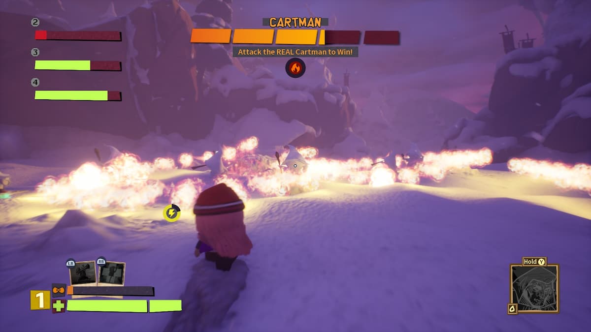 An in game image of the Cartman boss fight from South Park: Snow Day