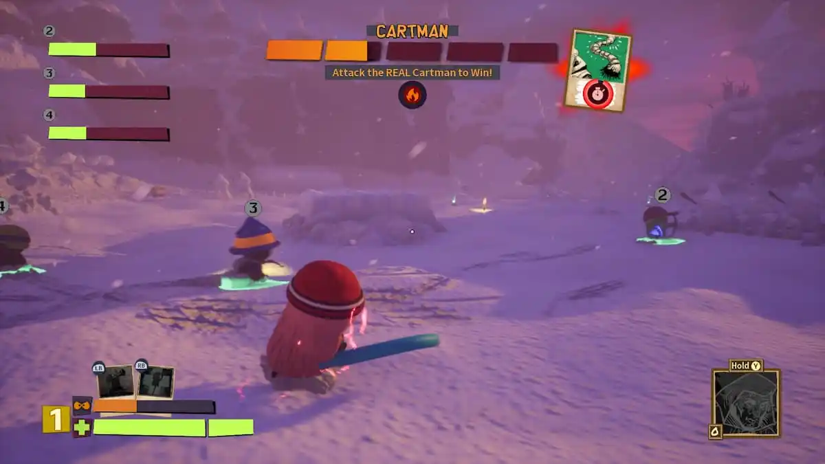 An in game image of the Cartman boss fight from South Park: Snow Day