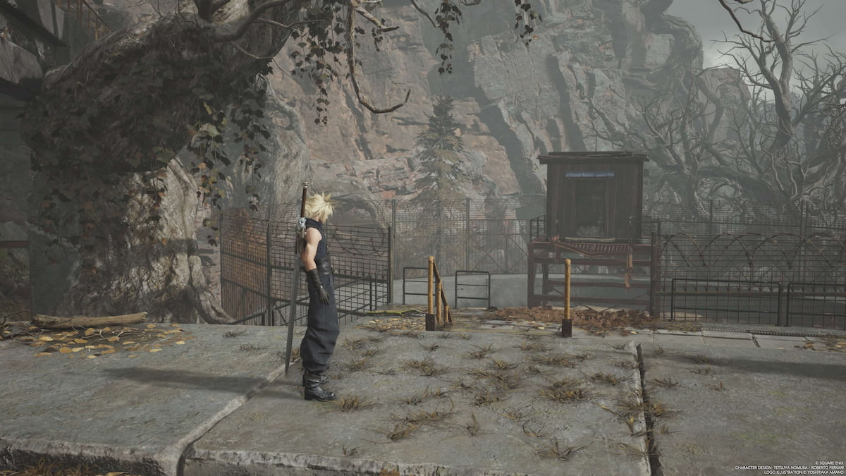 A character standing in a misty grey area next to a chest in Final Fantasy 7 Rebirth.