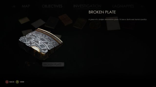 A screenshot showing a Broken Plate clue page in Alone in the dark.