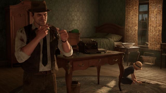 a screenshot from an Alone in the Dark cutscene that shows Edward lighting a cigarette.