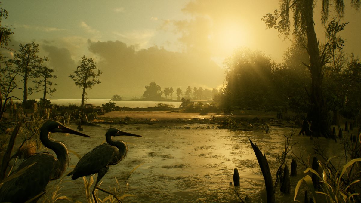 A screenshot from Alone in the Dark that shows a beautiful atmospheric swamp scene.