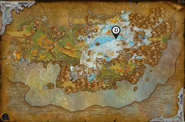 Azure Span map with a marker for the Upper Frostlands shown in the northern section.