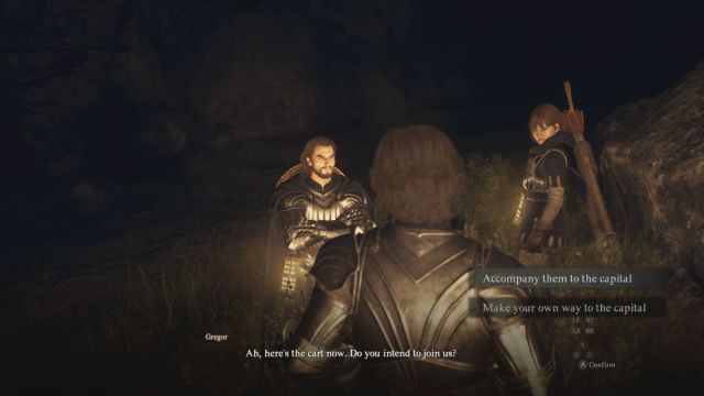 A screenshot from Dragon's Dogma 2 that shows the Arisen speaking with Gregor.