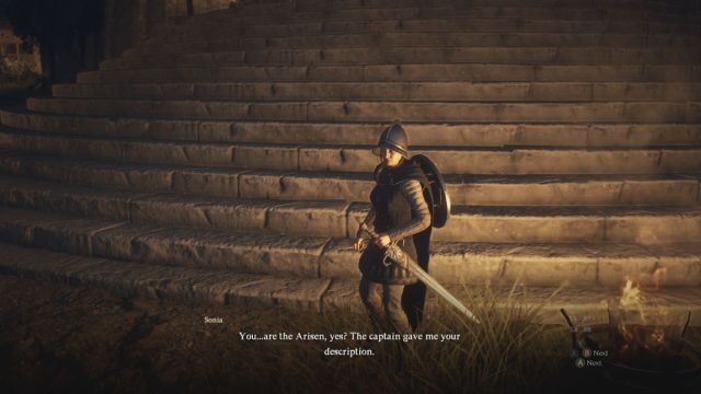 A Dragon's Dogma 2 screenshot of the Arisen speaking with a guard named Sonia at night.