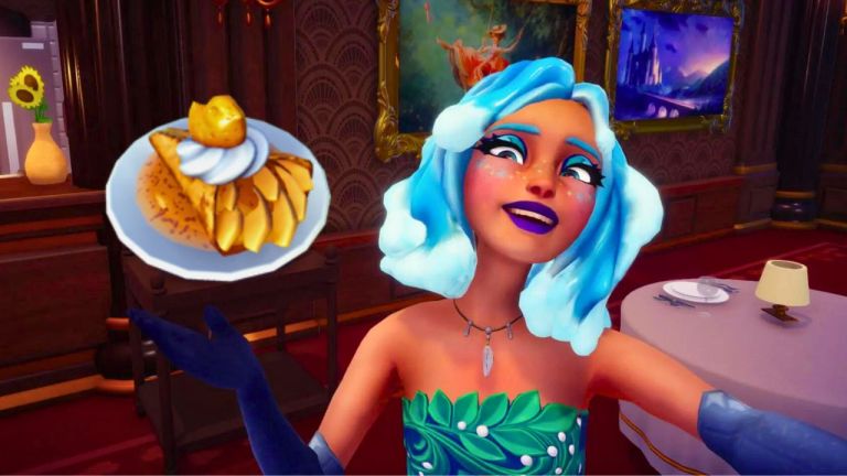 Nestling Pear crepes next to a player in Disney Dreamlight Valley