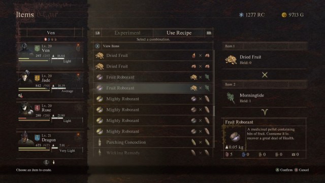 A screenshot of the Combine menu showing recipes in Dragon's Dogma 2.